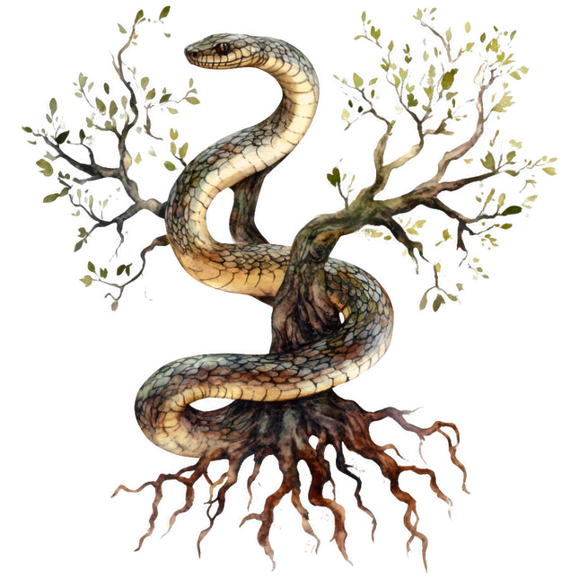 Artistic depiction of a snake intertwined with tree branches and roots fabric panel