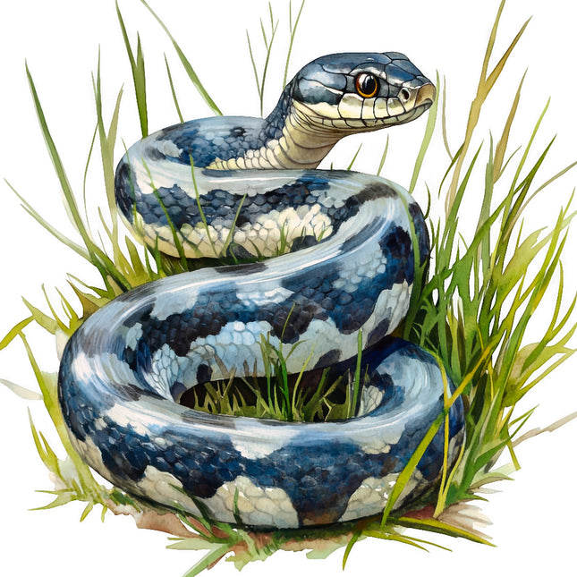 Blue and white snake coiled in grass on a white background