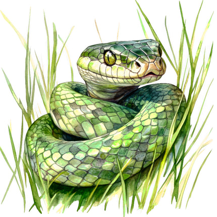 Illustration of a green snake coiled in grass cotton fabric panel