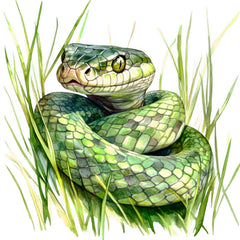 Green snake coiled in grass quilt panel