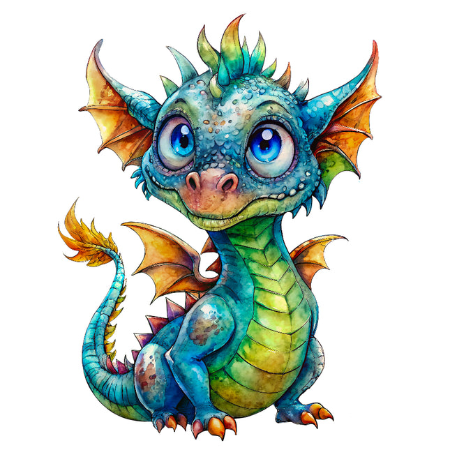 Colorful dragon illustration with blue eyes fabric panel
