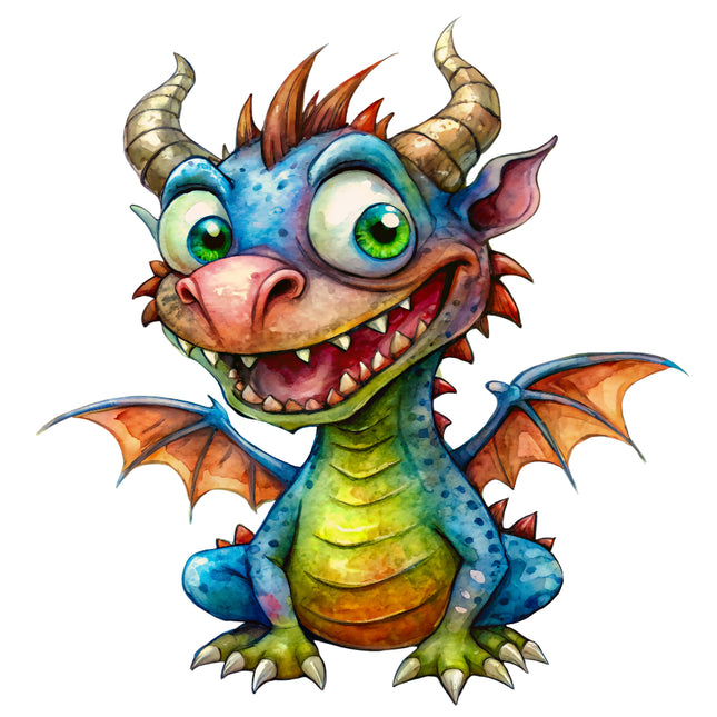 Colorful cartoon dragon with green eyes and orange wings quilt block