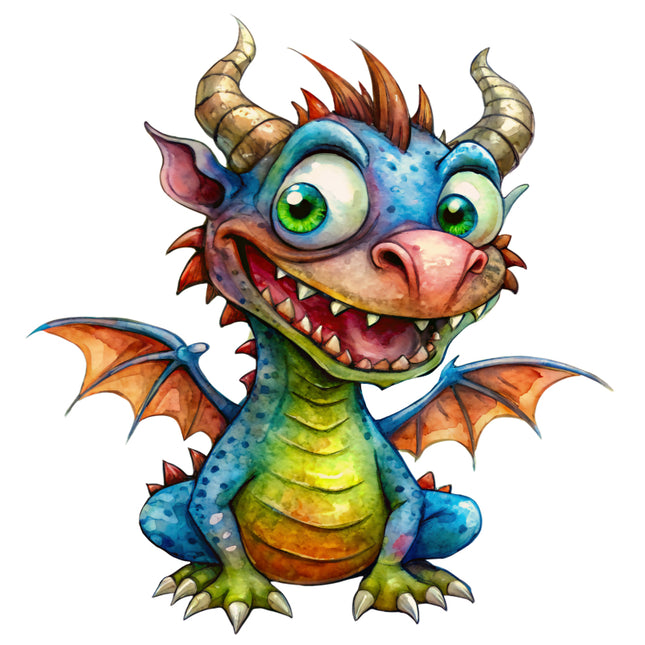 Colorful cartoon dragon with horns and wings fabric panel