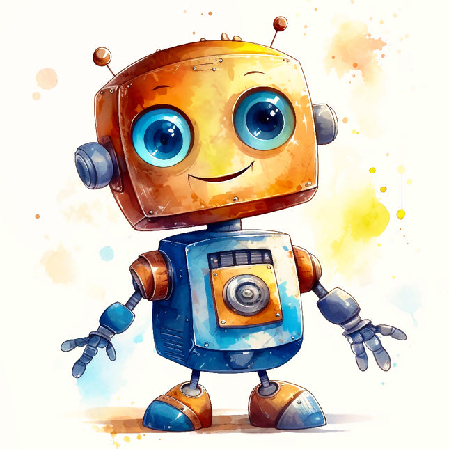 Cartoon robot with a smiling face on a white background