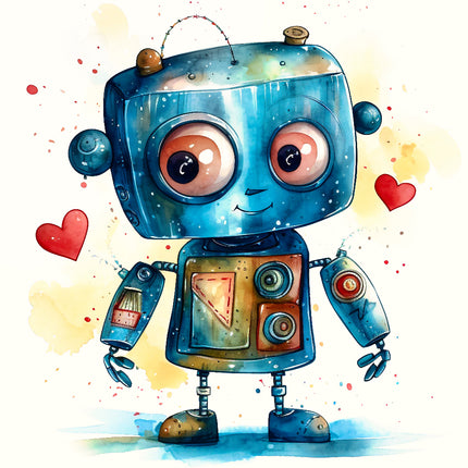 Cartoon robot with a colorful background and hearts quilt panel