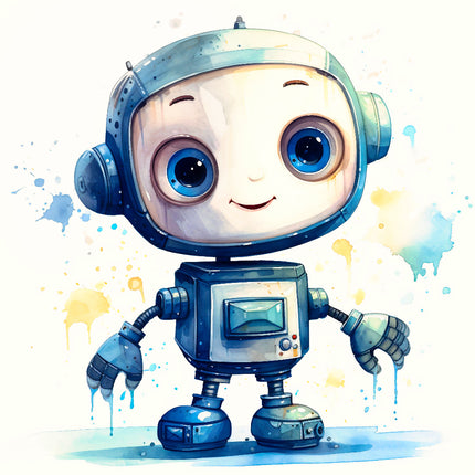 Cartoon robot with blue helmet and suit fabric panel