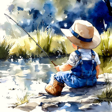 Illustration of a child in overalls and a hat fishing by a pond quilt panel