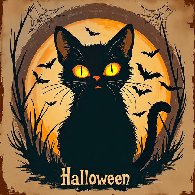 Halloween-themed illustration with a black cat, bats, and spider webs on a brown background.