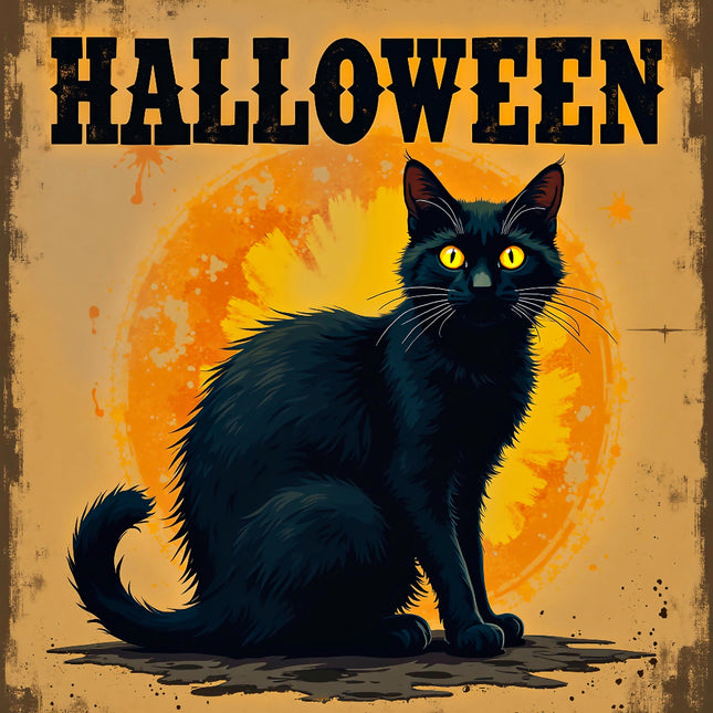 Black cat with glowing yellow eyes on a Halloween-themed background fabric panel