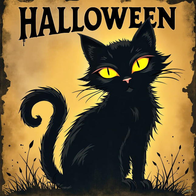 Black cat with glowing yellow eyes on a Halloween-themed background fabric panel
