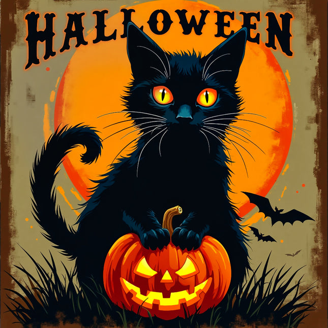 Halloween-themed poster with a black cat holding a jack-o'-lantern and the word 'HALLOWEEN' above.