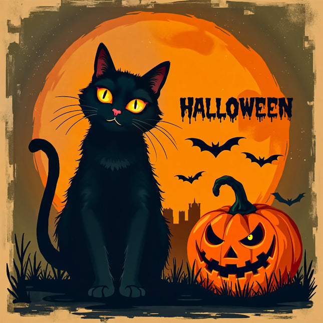 Halloween-themed illustration with a black cat, pumpkin, and bats against a full moon.