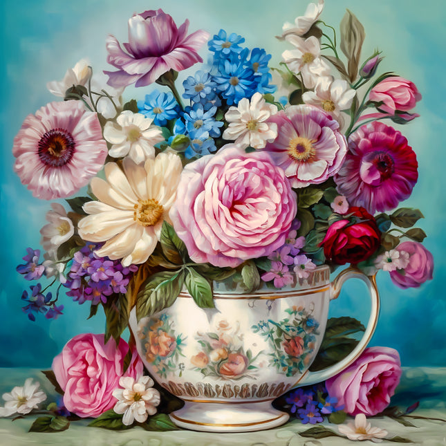 Teacup With Flowers 100% Cotton Fabric Panel Block AA5036