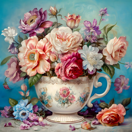 Teacup With Flowers 100% Cotton Fabric Panel Block AA5037