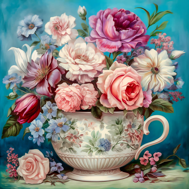 Teacup With Flowers 100% Cotton Fabric Panel Block AA5038