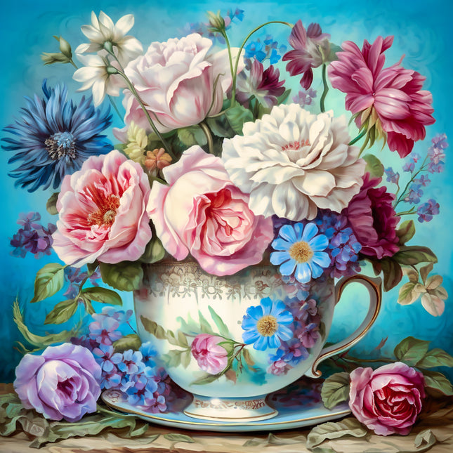 Teacup With Flowers 100% Cotton Fabric Panel Block AA5040