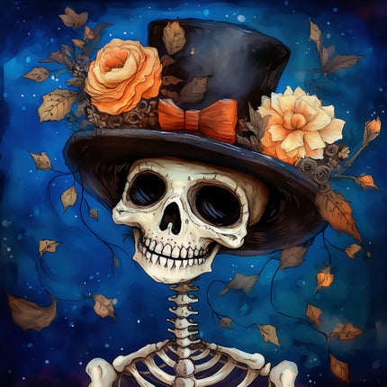Skeletal face with top hat and flowers against a blue background fabric panel
