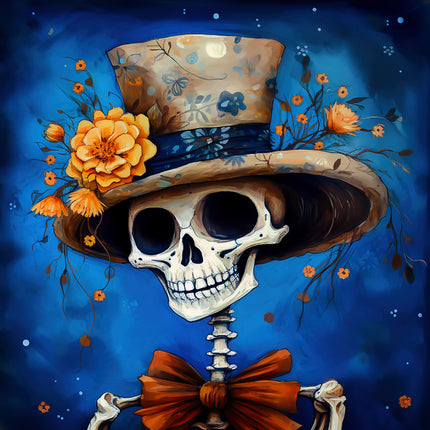 skeleton wearing a decorative top hat with flowers on a blue background fabric panel