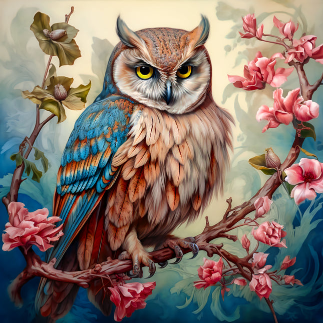 Fantasy Floral Owl 100% Cotton Fabric Panel Block AA5116