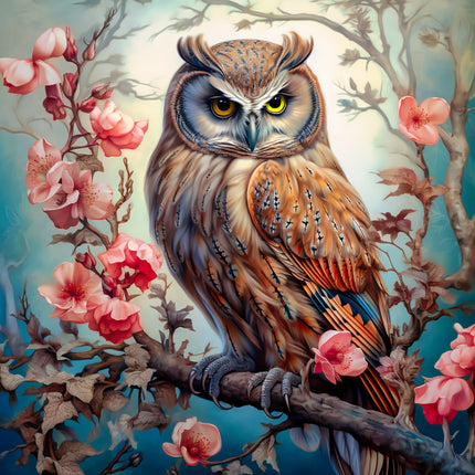 Fantasy Floral Owl 100% Cotton Fabric Panel Block AA5117