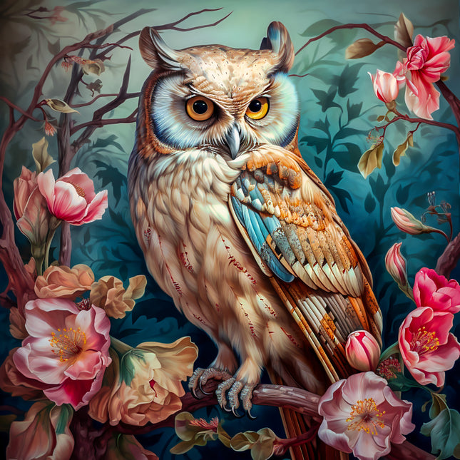 Fantasy Floral Owl 100% Cotton Fabric Panel Block AA5119