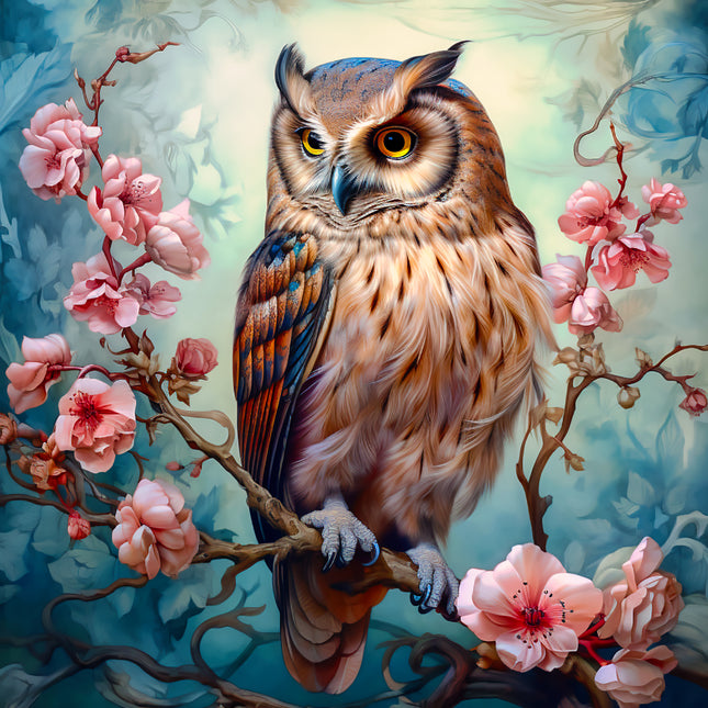 Fantasy Floral Owl 100% Cotton Fabric Panel Block AA5120