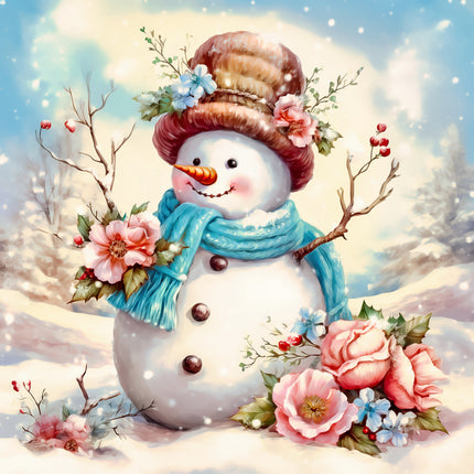 Decorative snowman with flowers and a blue scarf fabric panel