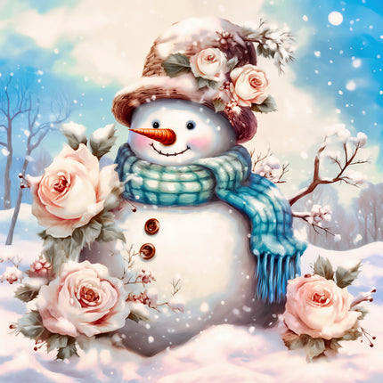 Snowman with floral hat and scarf fabric panel