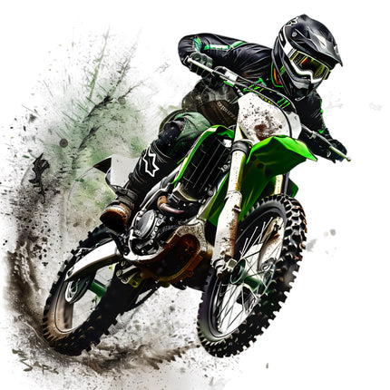 Motorcycle rider in action with a green and black bike fabric panel
