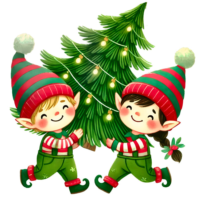 Two cartoon elves with striped hats and green outfits standing next to a decorated Christmas tree fabric panel