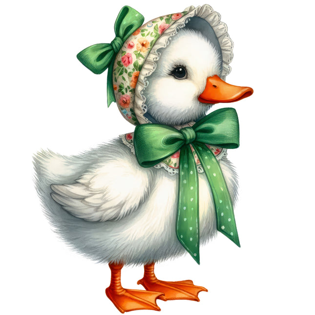 Illustration of a duck wearing a decorative bonnet and green ribbon fabric panel