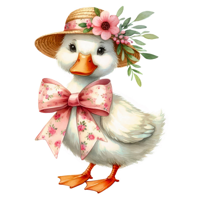 Illustration of a duck wearing a floral hat and bow fabric panel
