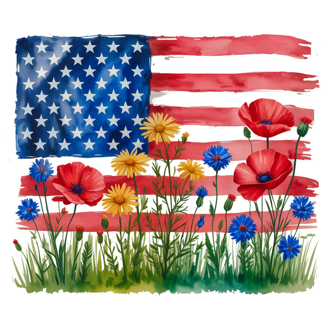 American flag with colorful flowers fabric panel