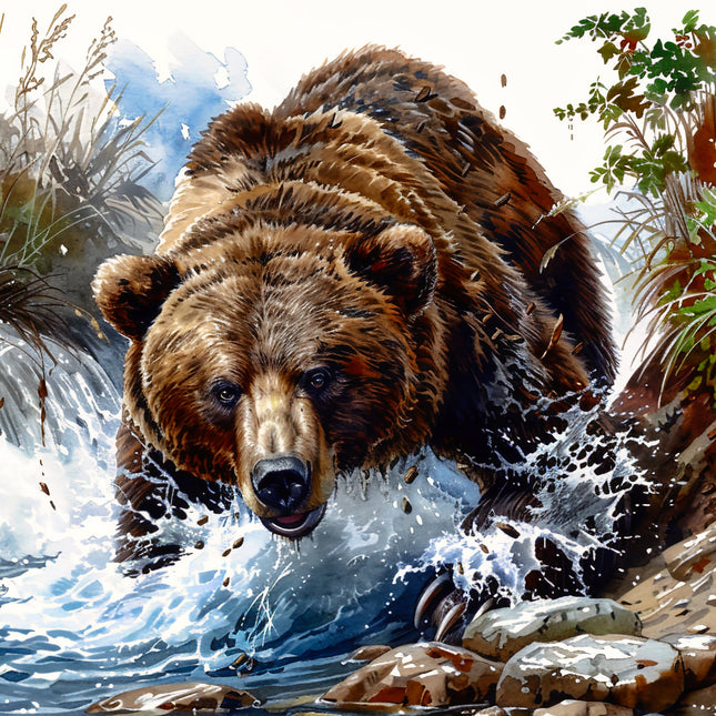 Bear emerging from water with a natural landscape background quilt panel