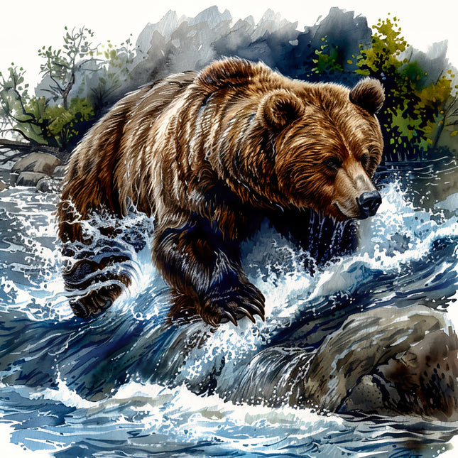 Bear walking through a river with rocky background fabric panel