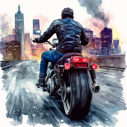 Person riding a motorcycle with a cityscape in the background fabric panel