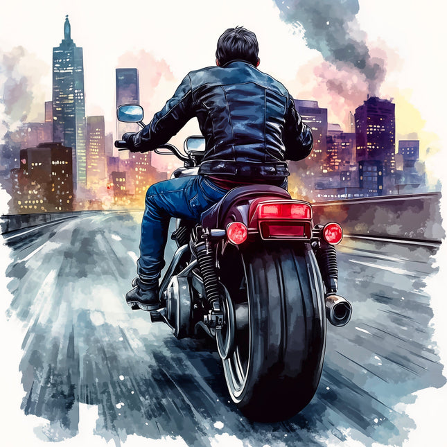 Person riding a motorcycle with a cityscape in the background fabric panel