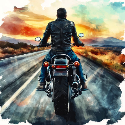 motorcycle on a road with a colorful sunset sky fabric panel