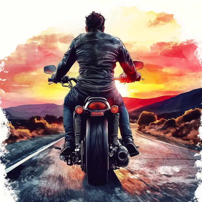 Person riding a motorcycle on a road with a colorful sunset sky fabric panel