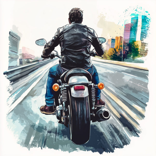 Person riding a motorcycle on a city street fabric panel