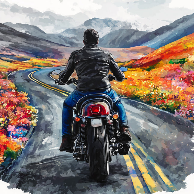 Person riding a motorcycle on a colorful mountain road quilt panel