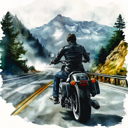 Person riding a motorcycle on a mountain road with trees and clouds in the background fabric panel