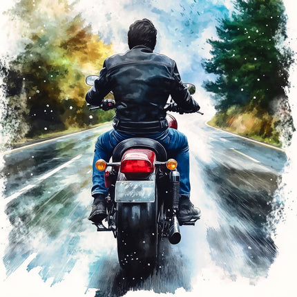 Person riding a motorcycle on a road fabric panel