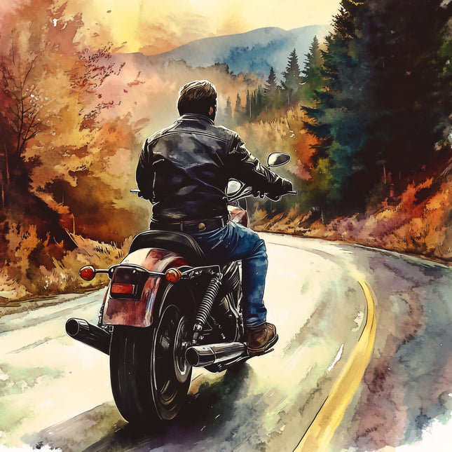 Man riding a motorcycle on a scenic road with autumn trees and mountains fabric panel