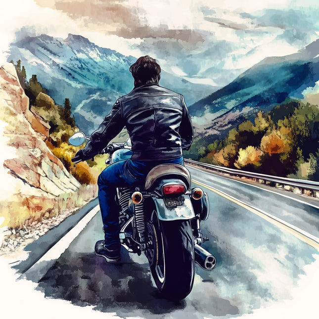 Person riding a motorcycle on a mountain road fabric panel