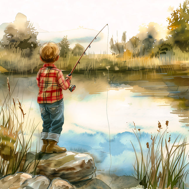 Illustration of a child fishing by a lake with a serene background fabric panel