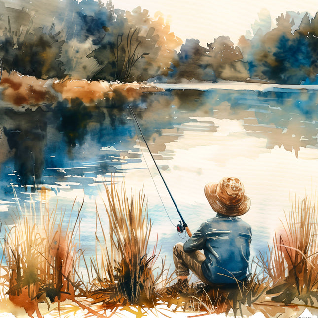 Person fishing by a lake with a serene landscape fabric panel
