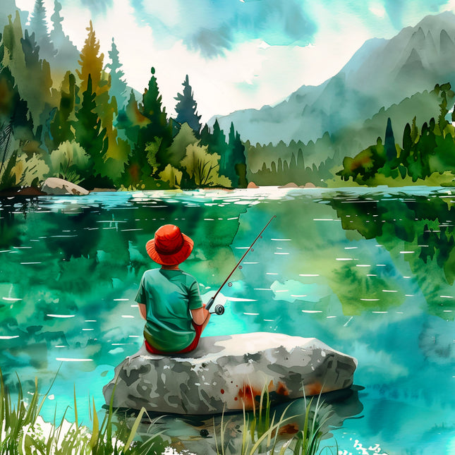 Person fishing on a rock by a lake with mountains and trees in the background quilt panel