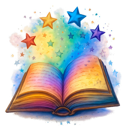 Colorful open book with rainbow stars fabric panel