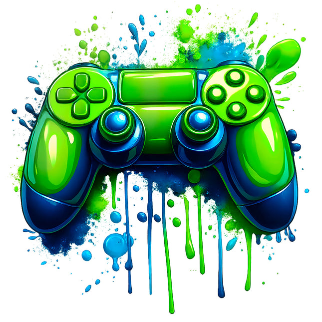 Colorful gaming controller with blue and green splashes fabric panel